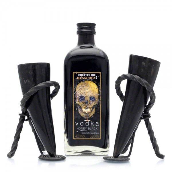 Geschenk-Set "Vodka Honey Black" - schwarzer Honig.Vodka mit 2 Hörnern komplett