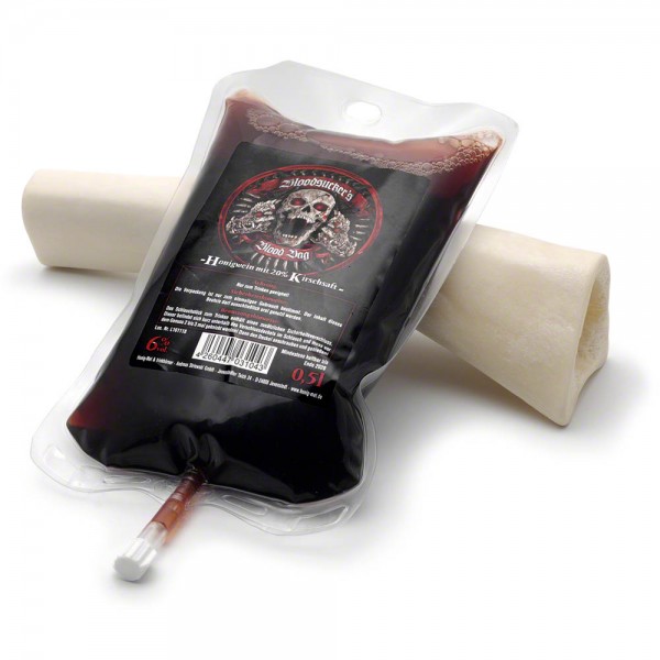 Trinkbeutel Bloodsucker - gefüllt mit leckerem Wikingerblut Honigwein mit Kirsch - Blood-Bag Blutbeutel - vorn