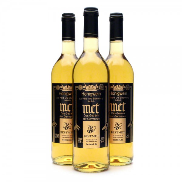 Met Wald & Blütenhonig - Honigwein lieblich - Naturkorken - 12% Vol. alc - 0,75 Liter - 3 Flaschen
