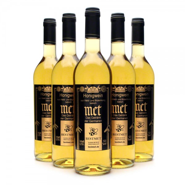 Met Wald & Blütenhonig - Honigwein lieblich - Naturkorken - 12% Vol. alc - 0,75 Liter - 6 Flaschen