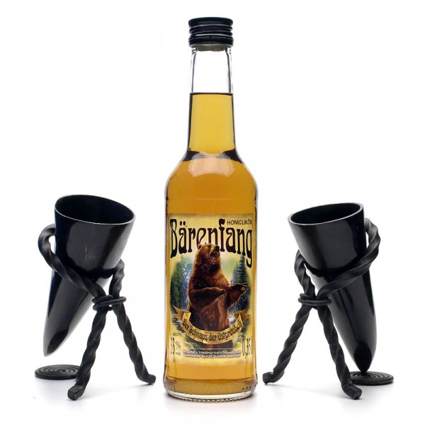 Honiglikör Geschenkset Beowulf - Bärenfang und zwei Schnapshörner mit Hornständer