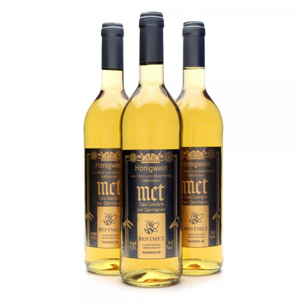 Met Wald & Blütenhonig - Honigwein halbtrocken - Naturkorken - 14% Vol. alc - 0,75 Liter - 3 Flaschen Vorteilspaket
