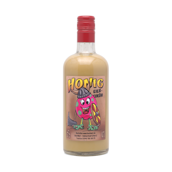 Bestmet Eierlikör mit Honig – 0,7-Liter-Flasche mit rotem Verschluss, Frontansicht © BestMet